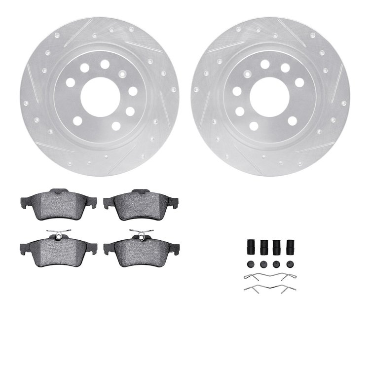 7512-65017 Drilled/Slotted Brake Rotors w/5000 Advanced Brake Pads Kit & Hardware [Silver], 2003-2003 GM, Position: Rear