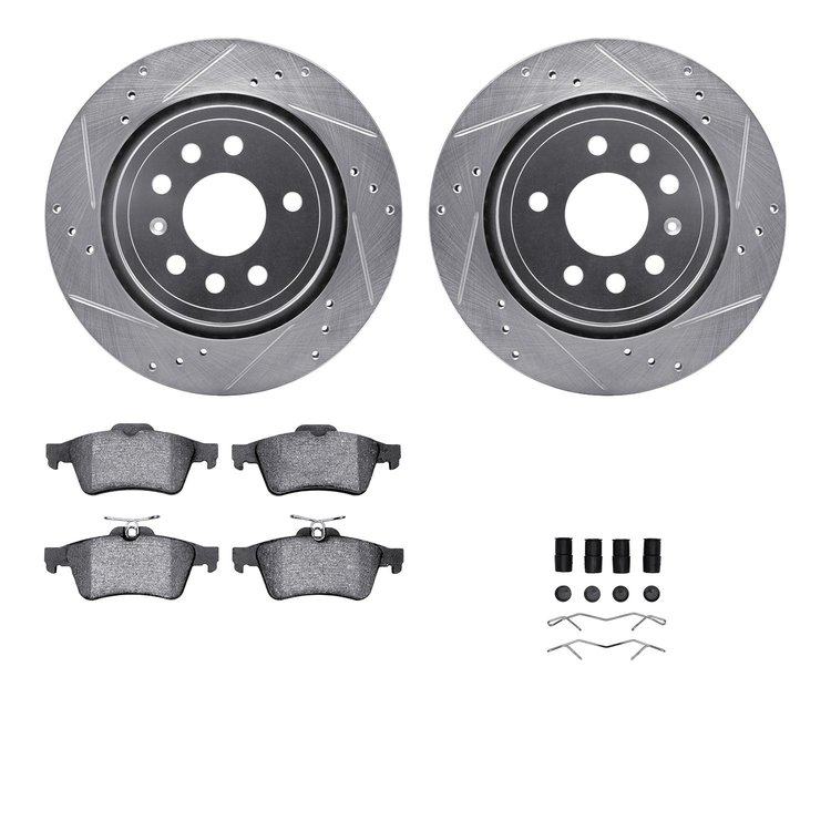7512-65019 Drilled/Slotted Brake Rotors w/5000 Advanced Brake Pads Kit & Hardware [Silver], 2003-2003 GM, Position: Rear