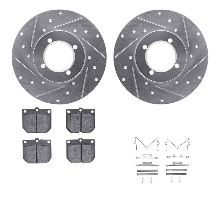 7512-67008 Drilled/Slotted Brake Rotors w/5000 Advanced Brake Pads Kit & Hardware [Silver], 1980-1983 Infiniti/Nissan, Position: