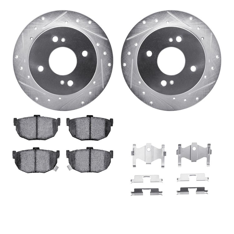 7512-67012 Drilled/Slotted Brake Rotors w/5000 Advanced Brake Pads Kit & Hardware [Silver], 1984-1984 Infiniti/Nissan, Position: