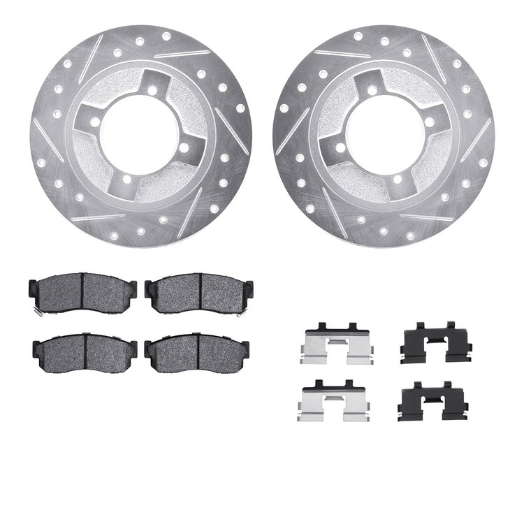 7512-67013 Drilled/Slotted Brake Rotors w/5000 Advanced Brake Pads Kit & Hardware [Silver], 1983-1986 Infiniti/Nissan, Position: