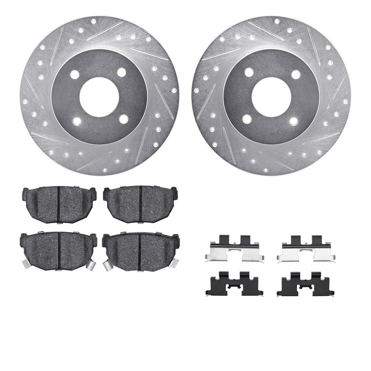 7512-67015 Drilled/Slotted Brake Rotors w/5000 Advanced Brake Pads Kit & Hardware [Silver], 1984-1985 Infiniti/Nissan, Position:
