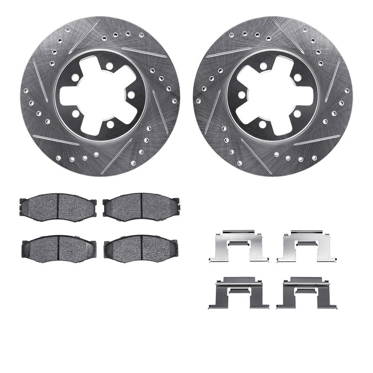 7512-67016 Drilled/Slotted Brake Rotors w/5000 Advanced Brake Pads Kit & Hardware [Silver], 1987-1988 Infiniti/Nissan, Position: