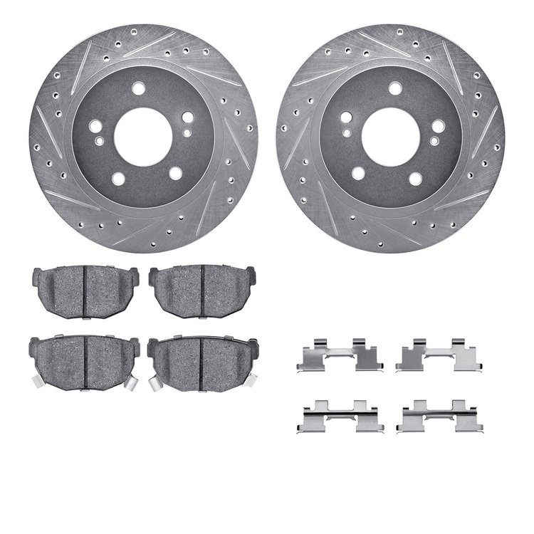 7512-67027 Drilled/Slotted Brake Rotors w/5000 Advanced Brake Pads Kit & Hardware [Silver], 1987-1989 Infiniti/Nissan, Position: