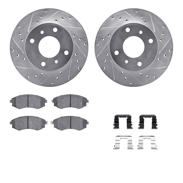 7512-67028 Drilled/Slotted Brake Rotors w/5000 Advanced Brake Pads Kit & Hardware [Silver], 1997-2006 Infiniti/Nissan, Position: