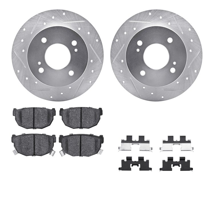 7512-67029 Drilled/Slotted Brake Rotors w/5000 Advanced Brake Pads Kit & Hardware [Silver], 1989-1998 Infiniti/Nissan, Position: