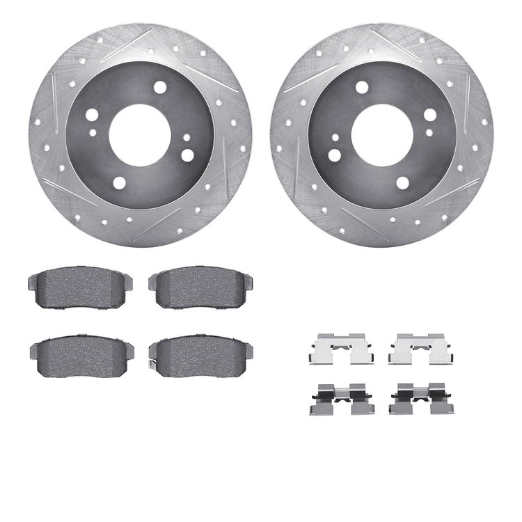 7512-67037 Drilled/Slotted Brake Rotors w/5000 Advanced Brake Pads Kit & Hardware [Silver], 2000-2006 Infiniti/Nissan, Position:
