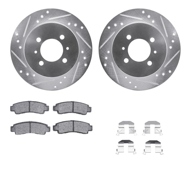 7512-67038 Drilled/Slotted Brake Rotors w/5000 Advanced Brake Pads Kit & Hardware [Silver], 1991-1994 Infiniti/Nissan, Position: