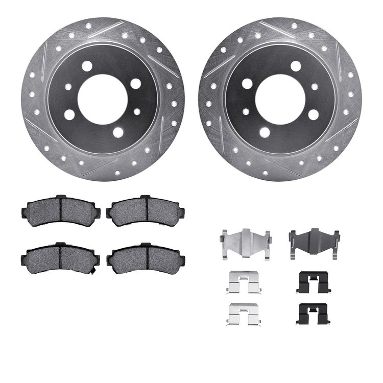7512-67040 Drilled/Slotted Brake Rotors w/5000 Advanced Brake Pads Kit & Hardware [Silver], 1995-2000 Infiniti/Nissan, Position: