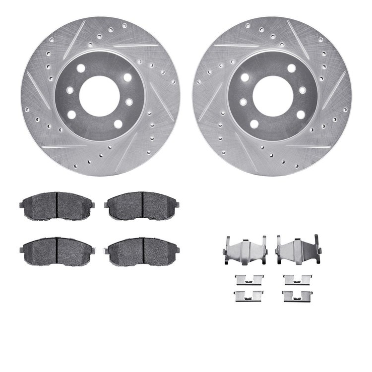7512-67041 Drilled/Slotted Brake Rotors w/5000 Advanced Brake Pads Kit & Hardware [Silver], 1993-2006 Infiniti/Nissan, Position: