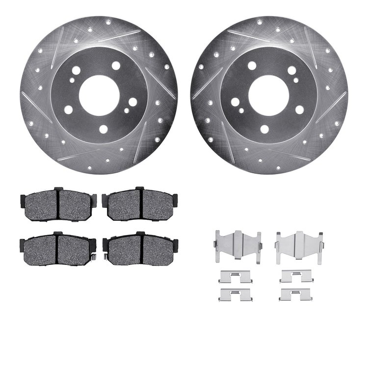 7512-67043 Drilled/Slotted Brake Rotors w/5000 Advanced Brake Pads Kit & Hardware [Silver], 1994-2000 Infiniti/Nissan, Position: