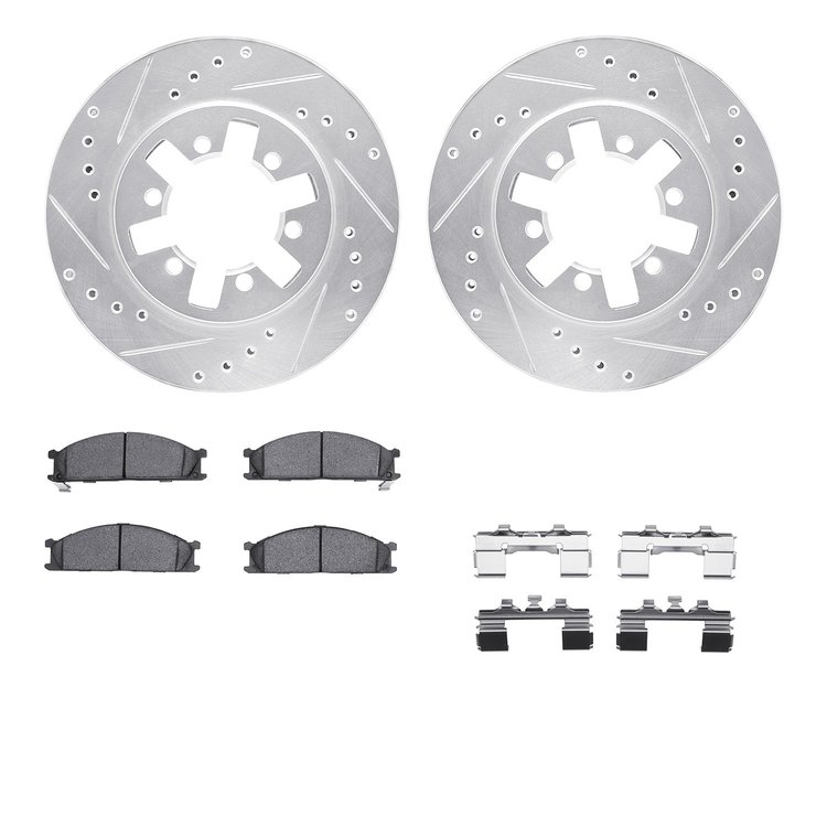7512-67049 Drilled/Slotted Brake Rotors w/5000 Advanced Brake Pads Kit & Hardware [Silver], 1985-2012 Infiniti/Nissan, Position: