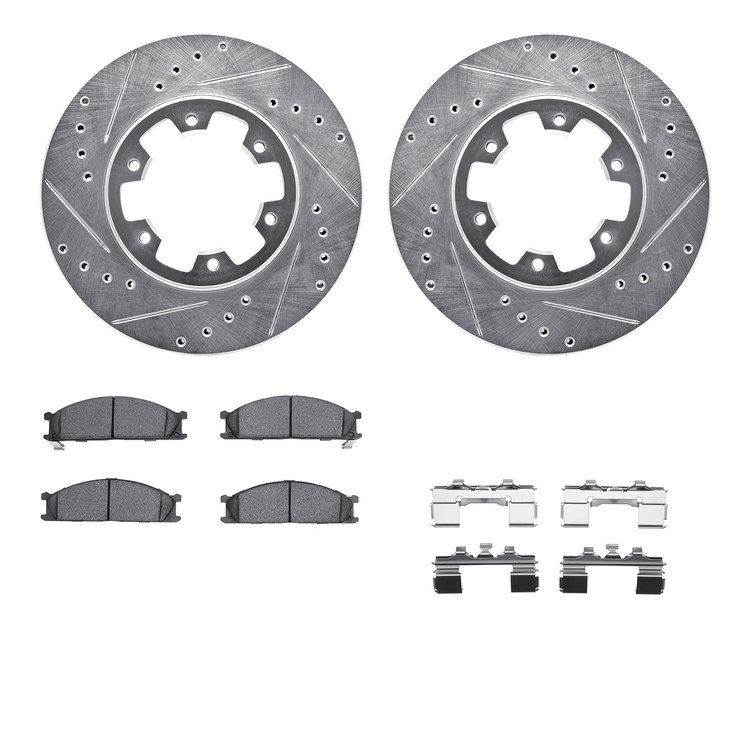 7512-67050 Drilled/Slotted Brake Rotors w/5000 Advanced Brake Pads Kit & Hardware [Silver], 1985-2002 Infiniti/Nissan, Position: