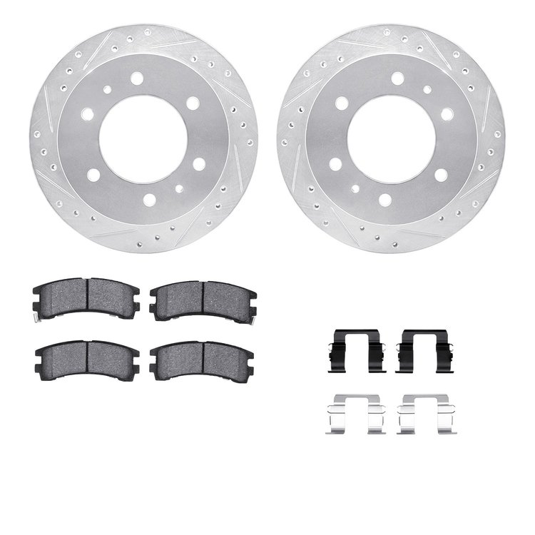 7512-67055 Drilled/Slotted Brake Rotors w/5000 Advanced Brake Pads Kit & Hardware [Silver], 1988-1995 Infiniti/Nissan, Position: