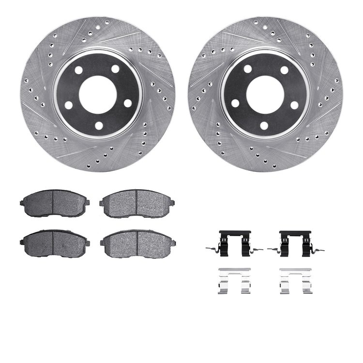 7512-67056 Drilled/Slotted Brake Rotors w/5000 Advanced Brake Pads Kit & Hardware [Silver], 2002-2006 Infiniti/Nissan, Position:
