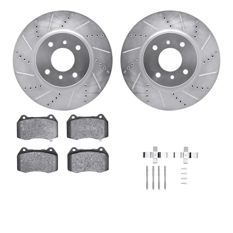 7512-67060 Drilled/Slotted Brake Rotors w/5000 Advanced Brake Pads Kit & Hardware [Silver], 2004-2006 Infiniti/Nissan, Position: