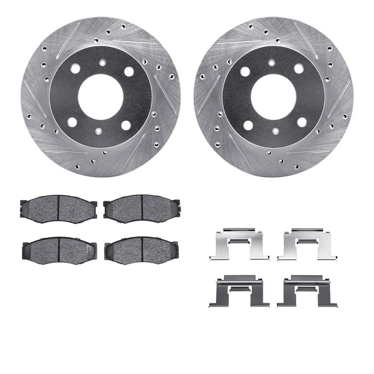 7512-67097 Drilled/Slotted Brake Rotors w/5000 Advanced Brake Pads Kit & Hardware [Silver], 1985-1989 Infiniti/Nissan, Position: