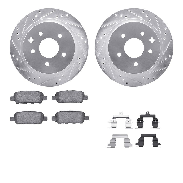 7512-67099 Drilled/Slotted Brake Rotors w/5000 Advanced Brake Pads Kit & Hardware [Silver], 2008-2013 Infiniti/Nissan, Position: