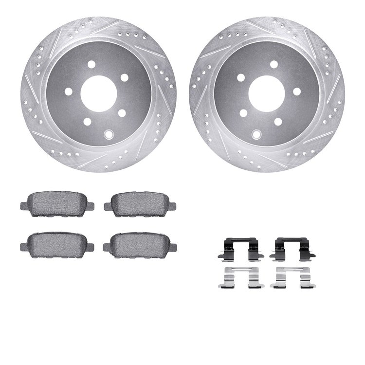 7512-67102 Drilled/Slotted Brake Rotors w/5000 Advanced Brake Pads Kit & Hardware [Silver], Fits Select Infiniti/Nissan, Positio