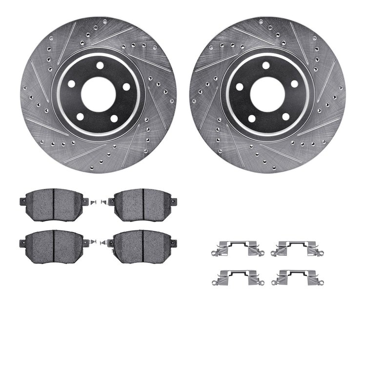 7512-67104 Drilled/Slotted Brake Rotors w/5000 Advanced Brake Pads Kit & Hardware [Silver], 2003-2005 Infiniti/Nissan, Position: