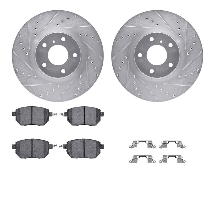 7512-67105 Drilled/Slotted Brake Rotors w/5000 Advanced Brake Pads Kit & Hardware [Silver], 2003-2011 Infiniti/Nissan, Position: