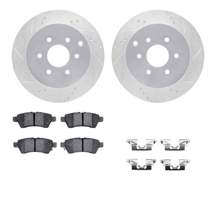 7512-67111 Drilled/Slotted Brake Rotors w/5000 Advanced Brake Pads Kit & Hardware [Silver], 2005-2012 Infiniti/Nissan, Position: