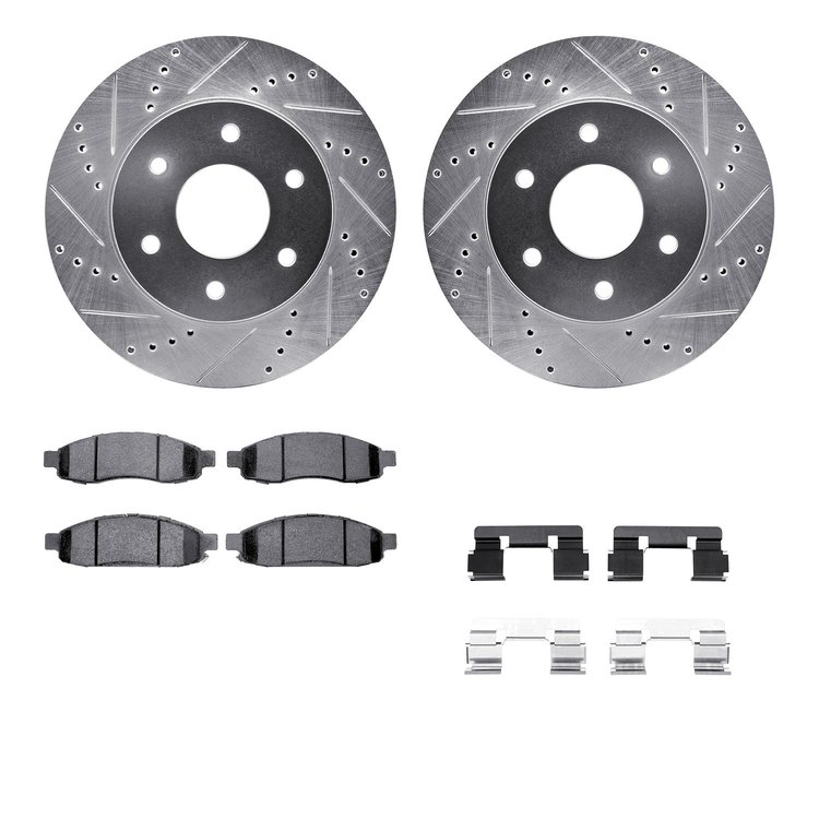 7512-67112 Drilled/Slotted Brake Rotors w/5000 Advanced Brake Pads Kit & Hardware [Silver], 2004-2005 Infiniti/Nissan, Position: