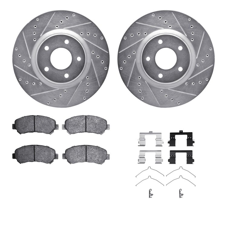 7512-67117 Drilled/Slotted Brake Rotors w/5000 Advanced Brake Pads Kit & Hardware [Silver], 2007-2017 Infiniti/Nissan, Position: