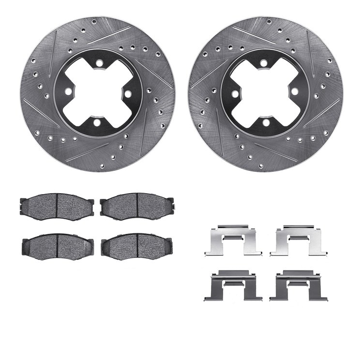 7512-67132 Drilled/Slotted Brake Rotors w/5000 Advanced Brake Pads Kit & Hardware [Silver], 1984-1985 Infiniti/Nissan, Position: