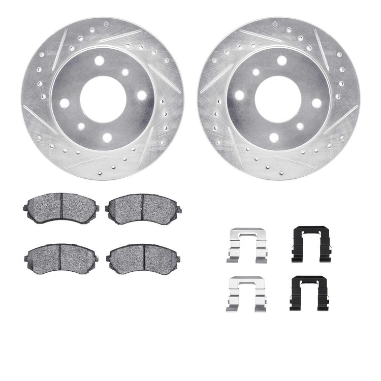 7512-67133 Drilled/Slotted Brake Rotors w/5000 Advanced Brake Pads Kit & Hardware [Silver], 1989-1996 Infiniti/Nissan, Position: