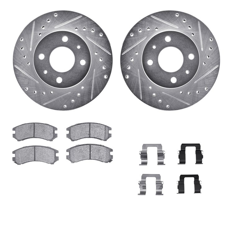 7512-67151 Drilled/Slotted Brake Rotors w/5000 Advanced Brake Pads Kit & Hardware [Silver], 1988-1989 Infiniti/Nissan, Position: