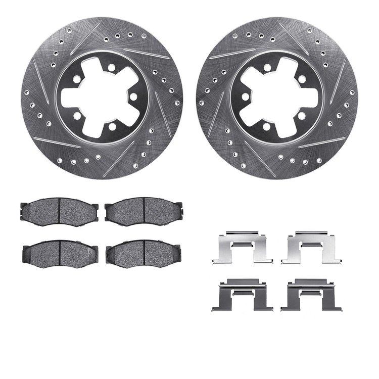 7512-67193 Drilled/Slotted Brake Rotors w/5000 Advanced Brake Pads Kit & Hardware [Silver], 1984-1989 Infiniti/Nissan, Position: