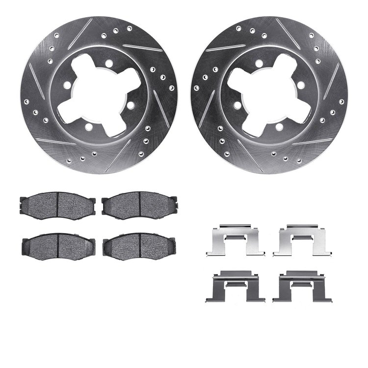 7512-67263 Drilled/Slotted Brake Rotors w/5000 Advanced Brake Pads Kit & Hardware [Silver], 1984-1986 Infiniti/Nissan, Position: