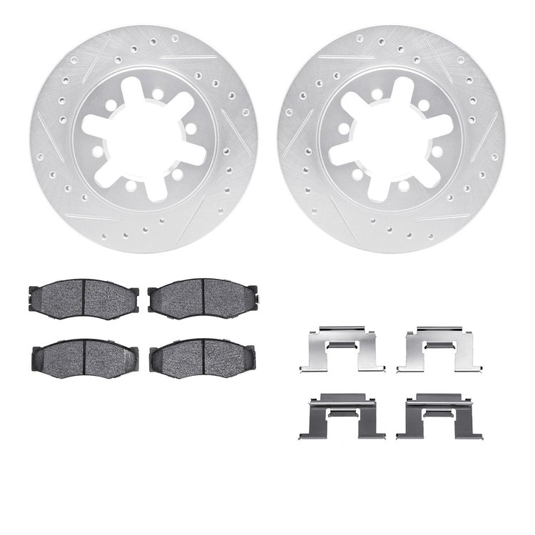 7512-67272 Drilled/Slotted Brake Rotors w/5000 Advanced Brake Pads Kit & Hardware [Silver], 1982-1985 Infiniti/Nissan, Position:
