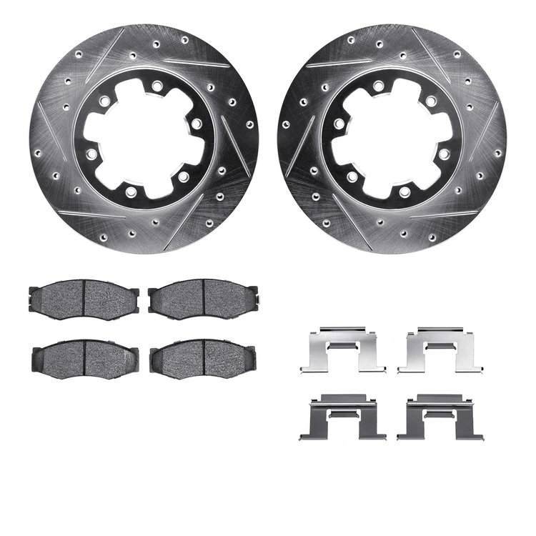 7512-67275 Drilled/Slotted Brake Rotors w/5000 Advanced Brake Pads Kit & Hardware [Silver], 1983-1985 Infiniti/Nissan, Position: