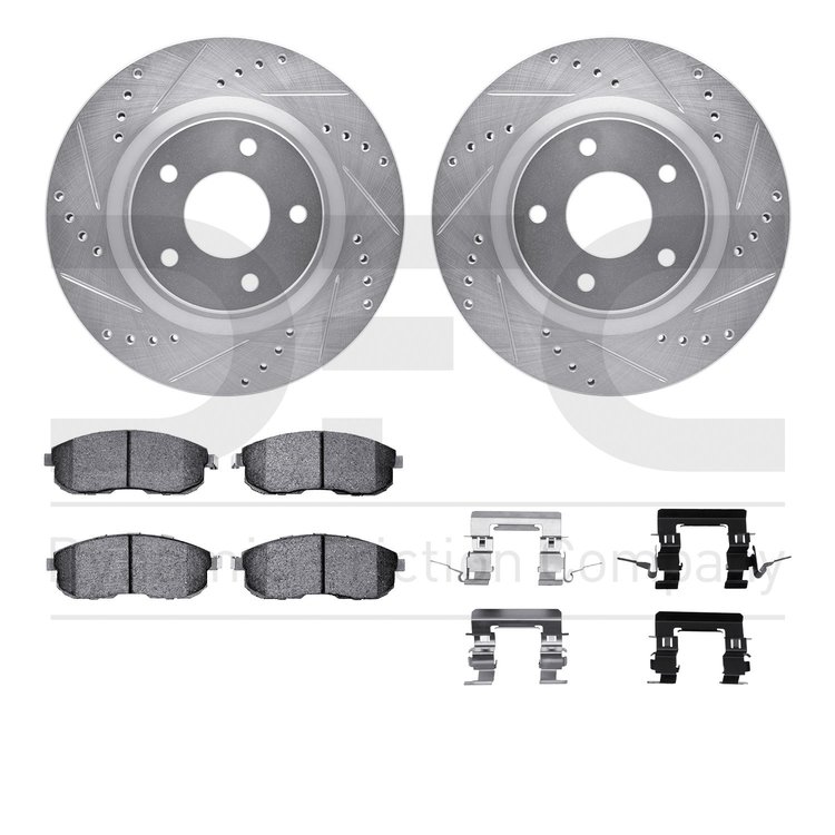 7512-67376 Drilled/Slotted Brake Rotors w/5000 Advanced Brake Pads Kit & Hardware [Silver], 2007-2012 Infiniti/Nissan, Position:
