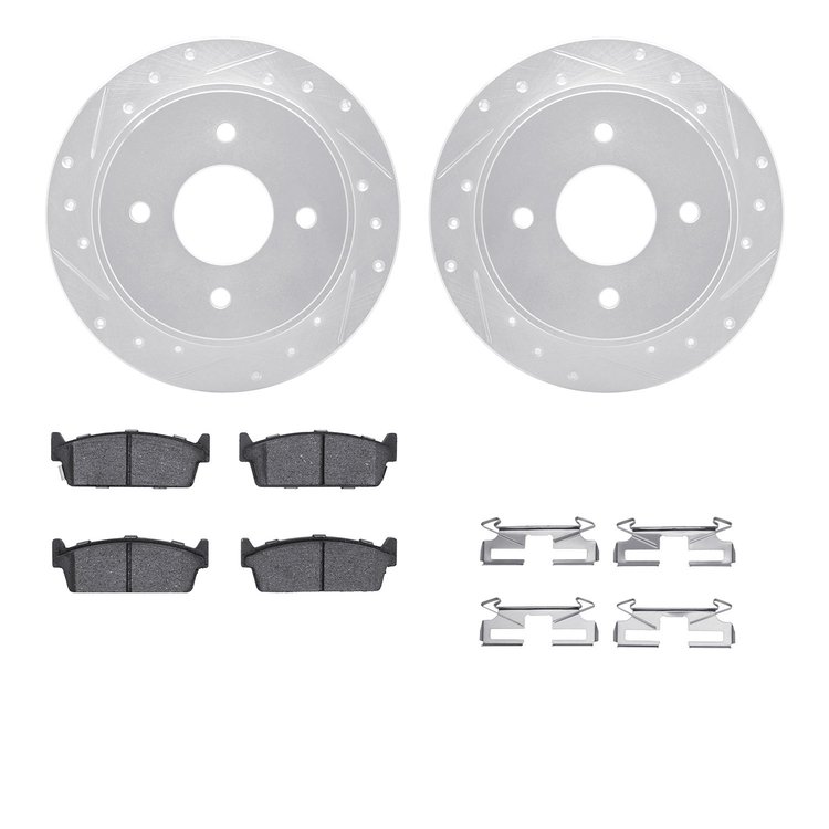 7512-68001 Drilled/Slotted Brake Rotors w/5000 Advanced Brake Pads Kit & Hardware [Silver], 1990-1992 Infiniti/Nissan, Position: