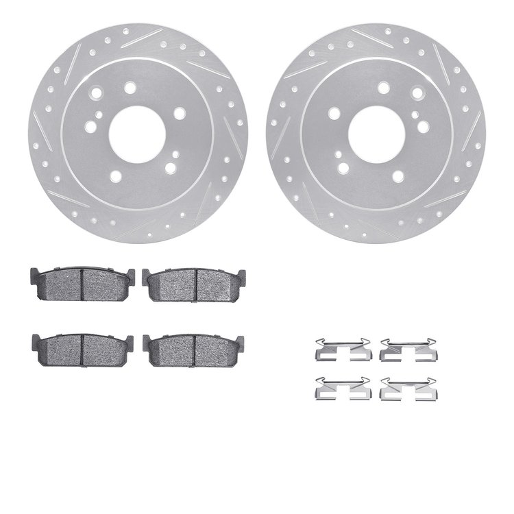 7512-68002 Drilled/Slotted Brake Rotors w/5000 Advanced Brake Pads Kit & Hardware [Silver], 1994-1996 Infiniti/Nissan, Position: