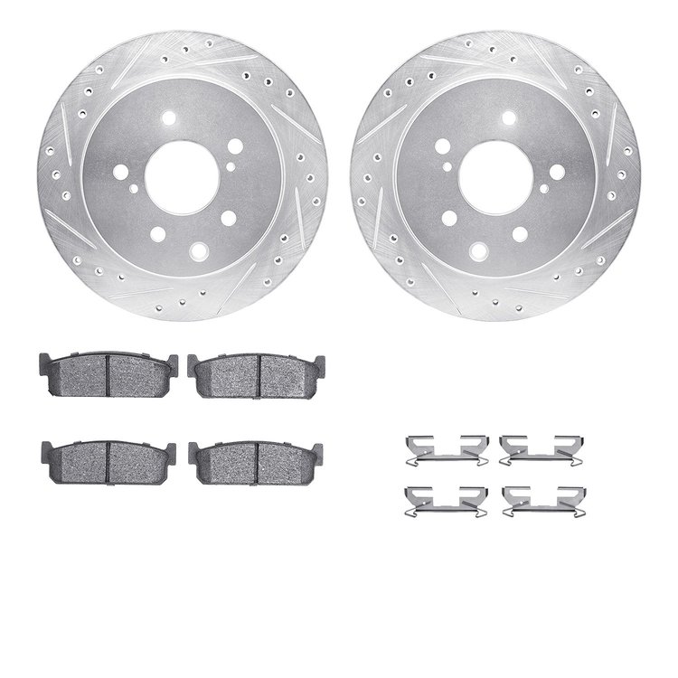 7512-68003 Drilled/Slotted Brake Rotors w/5000 Advanced Brake Pads Kit & Hardware [Silver], 1993-2001 Infiniti/Nissan, Position: