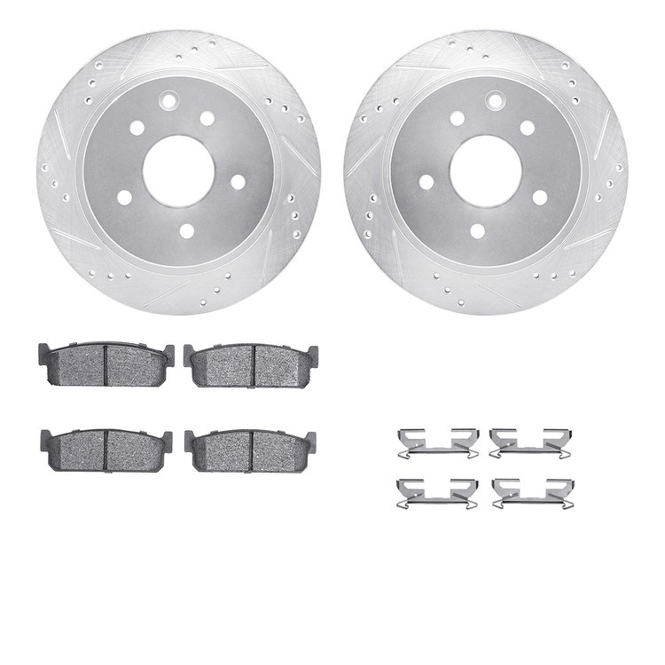 7512-68005 Drilled/Slotted Brake Rotors w/5000 Advanced Brake Pads Kit & Hardware [Silver], 2002-2006 Infiniti/Nissan, Position: