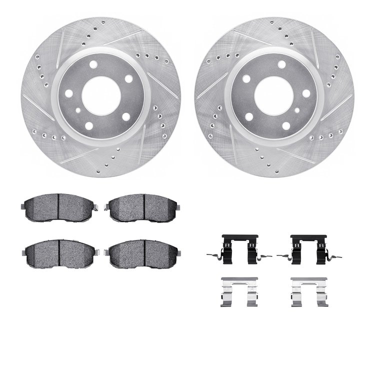 7512-68007 Drilled/Slotted Brake Rotors w/5000 Advanced Brake Pads Kit & Hardware [Silver], 2003-2005 Infiniti/Nissan, Position: