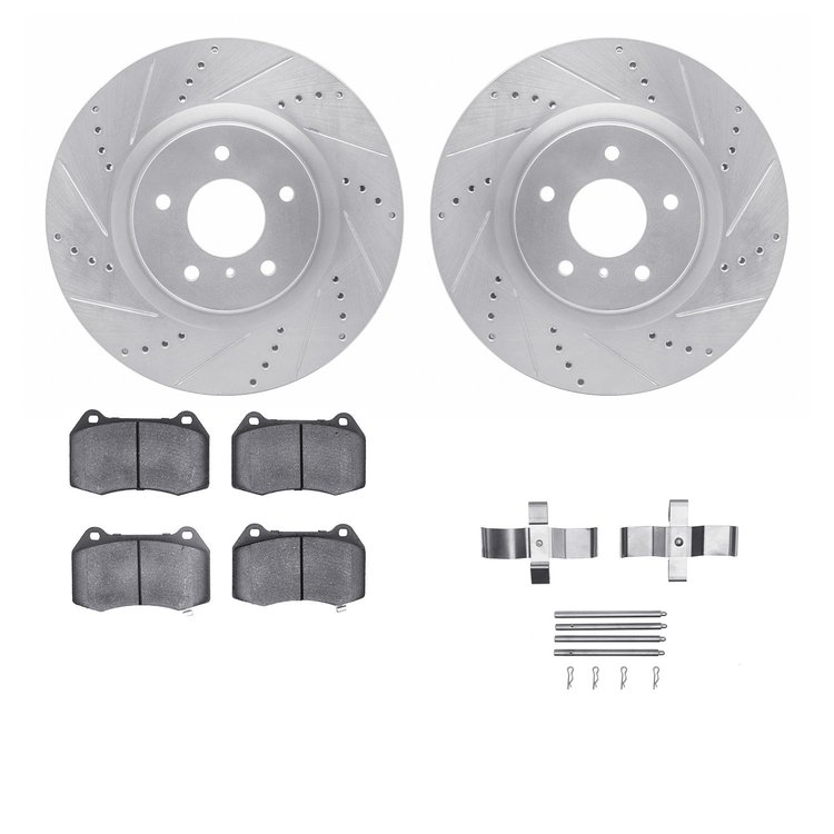7512-68008 Drilled/Slotted Brake Rotors w/5000 Advanced Brake Pads Kit & Hardware [Silver], 2003-2008 Infiniti/Nissan, Position: