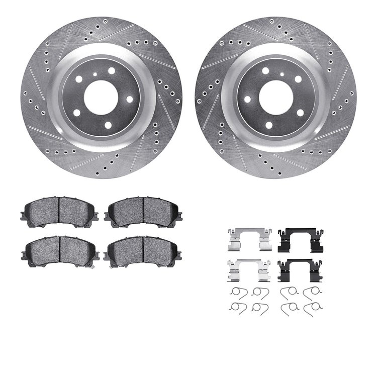 7512-68014 Drilled/Slotted Brake Rotors w/5000 Advanced Brake Pads Kit & Hardware [Silver], Fits Select Infiniti/Nissan, Positio