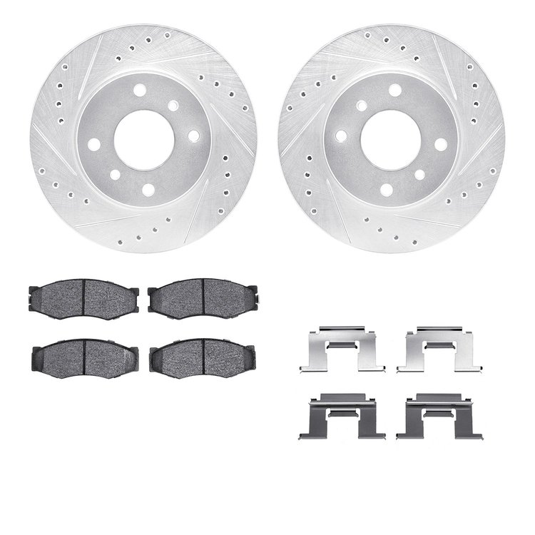 7512-68020 Drilled/Slotted Brake Rotors w/5000 Advanced Brake Pads Kit & Hardware [Silver], 1990-1992 Infiniti/Nissan, Position: