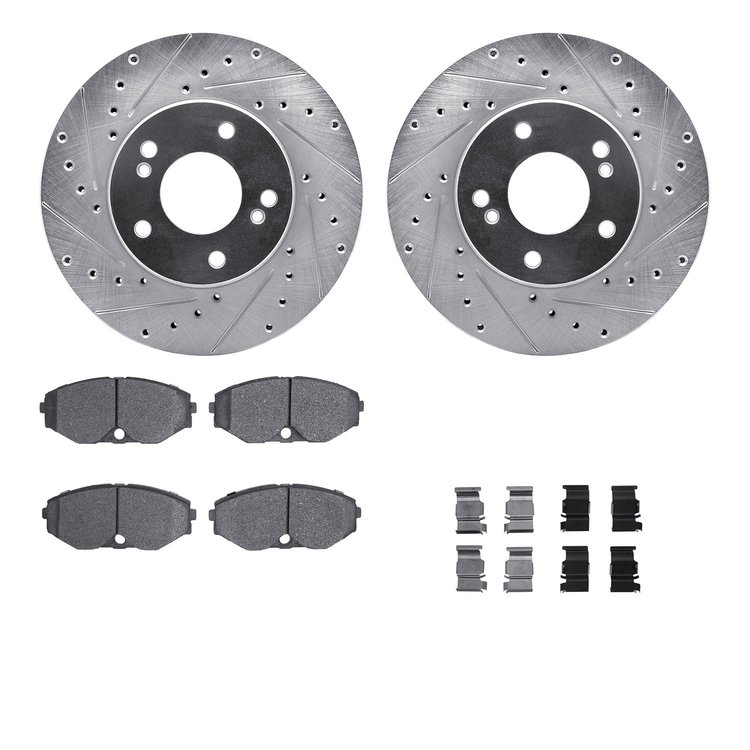 7512-68023 Drilled/Slotted Brake Rotors w/5000 Advanced Brake Pads Kit & Hardware [Silver], 1990-1995 Infiniti/Nissan, Position: