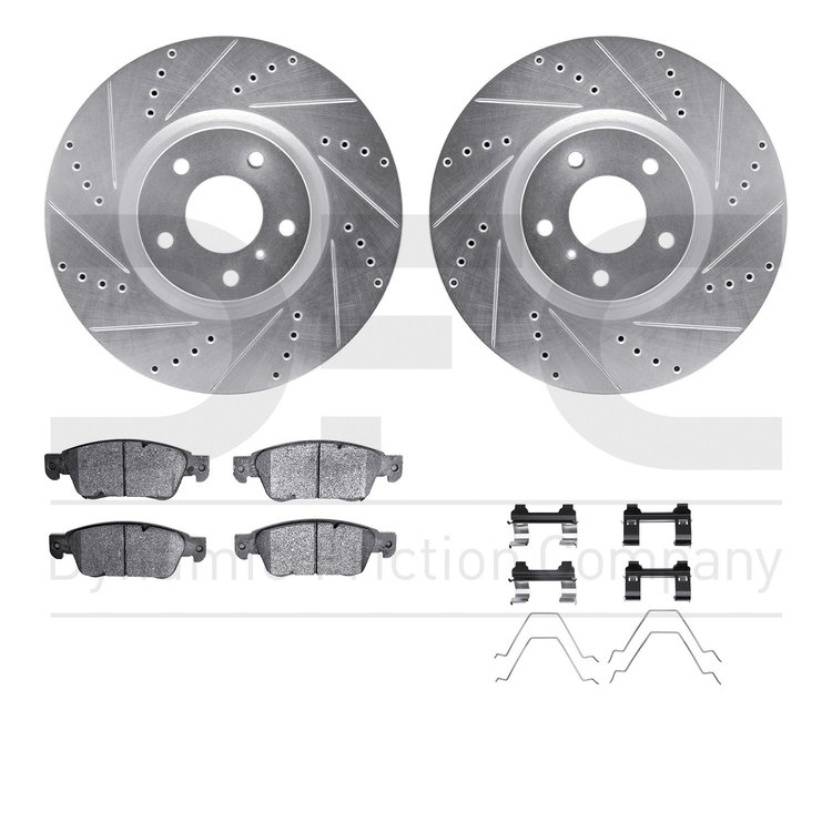 7512-68059 Drilled/Slotted Brake Rotors w/5000 Advanced Brake Pads Kit & Hardware [Silver], 2007-2015 Infiniti/Nissan, Position: