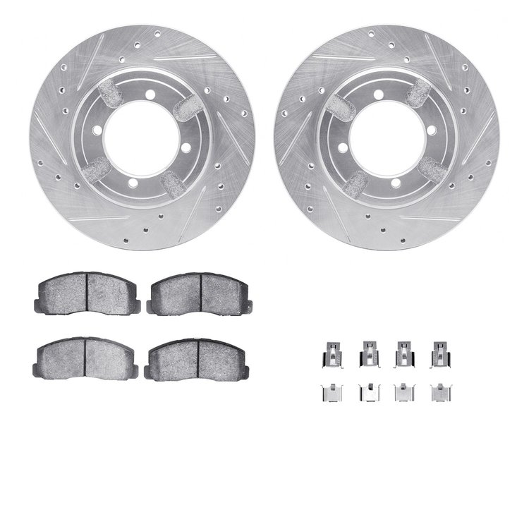 7512-72015 Drilled/Slotted Brake Rotors w/5000 Advanced Brake Pads Kit & Hardware [Silver], 1984-1984 Mitsubishi, Position: Fron