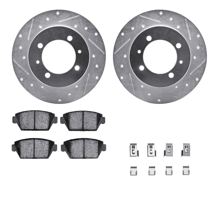 7512-72017 Drilled/Slotted Brake Rotors w/5000 Advanced Brake Pads Kit & Hardware [Silver], 1988-1993 Multiple Makes/Models, Pos