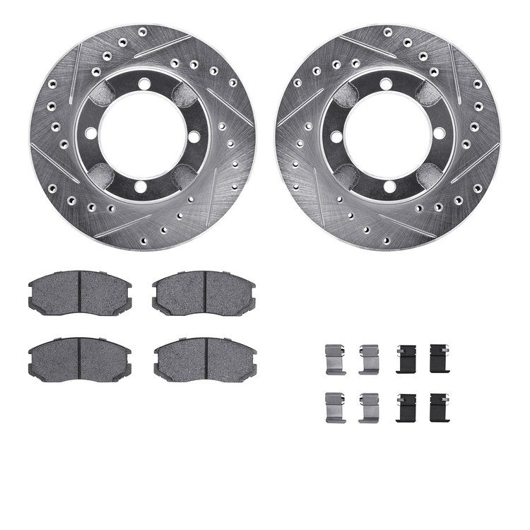 7512-72020 Drilled/Slotted Brake Rotors w/5000 Advanced Brake Pads Kit & Hardware [Silver], 1992-1992 Mitsubishi, Position: Fron