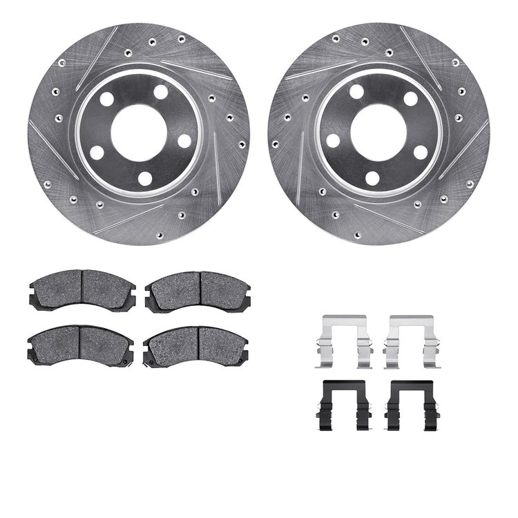 7512-72028 Drilled/Slotted Brake Rotors w/5000 Advanced Brake Pads Kit & Hardware [Silver], 1990-1993 Mitsubishi, Position: Fron